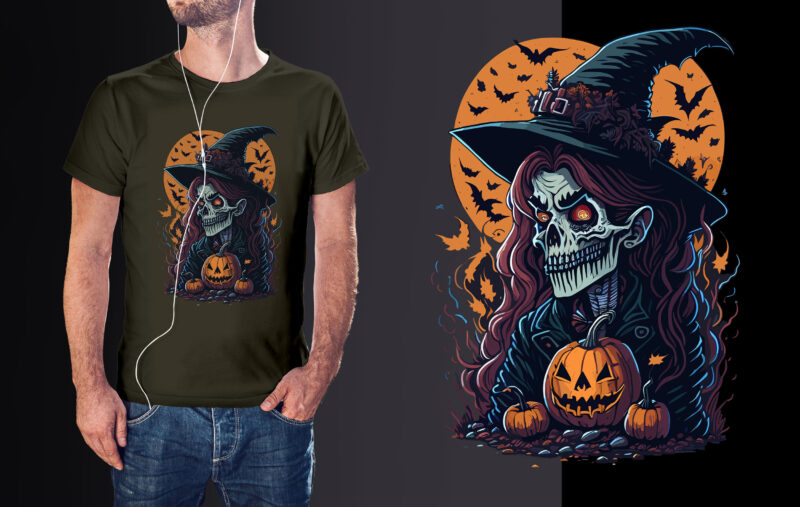 Spooky Pumpkin Witches Skull Halloween Vector
