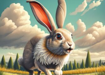 rabbit running, retro t-shirt design, photo, painting PNG File