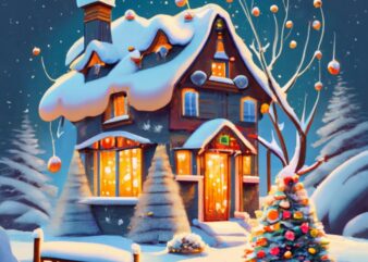 small little house in the countryside in north it is snowy snow everywhere, santa clause on the roof of the building, he has many gifts, rai t shirt template vector