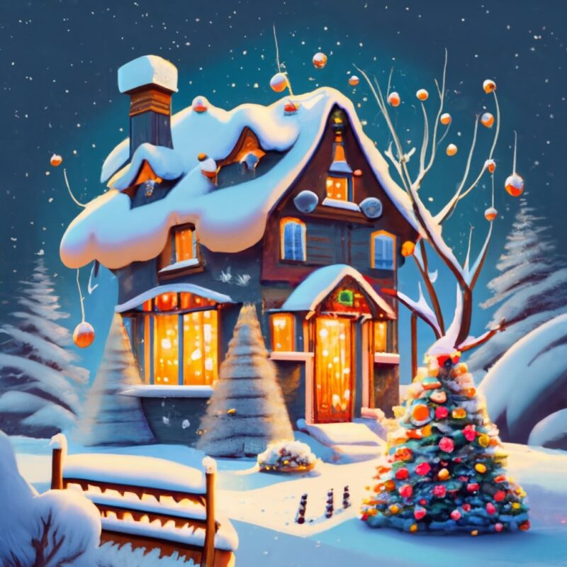 small little house in the countryside in north it is snowy snow everywhere, santa clause on the roof of the building, he has many gifts, rai