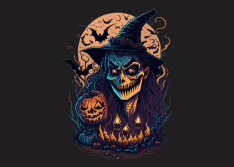Spooky Witch Halloween Bat Pumpkin Tshirt Design
