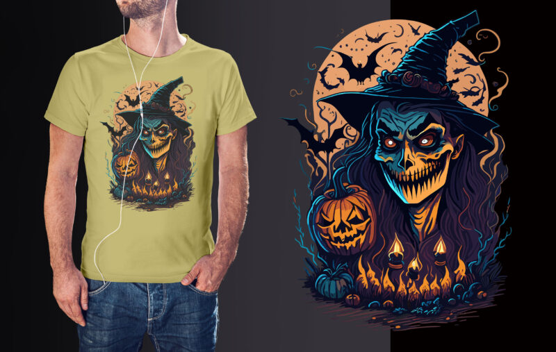Spooky Pumpkin Witch Halloween Tshirt Vector