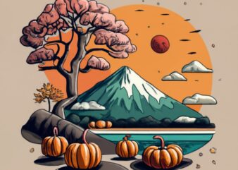 t shirt design, Japanese style mountain, in front of the mountain pond and cherry tree, but all items in the design are made from food norma