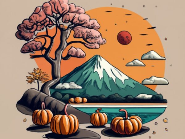 T shirt design, japanese style mountain, in front of the mountain pond and cherry tree, but all items in the design are made from food norma