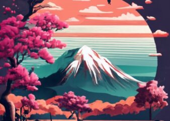 t shirt design, Japanese style mountain, in front of the mountain pond and pink cherry tree PNG File