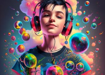 a BLACK short-haired boy playing DJ with headphones, fluffy realistic DJ player surrounded by soap bubbles PNG File