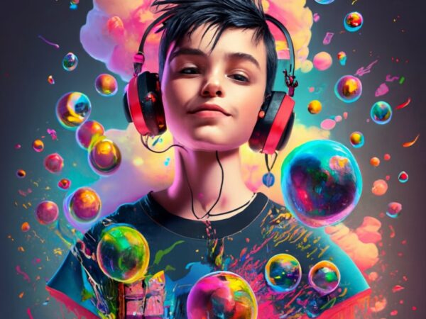 A black short-haired boy playing dj with headphones, fluffy realistic dj player surrounded by soap bubbles png file t shirt vector