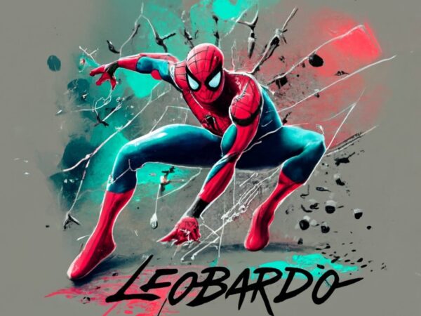 T-shirt design, spiderman. watercolor splash, with name”leobardo” png file
