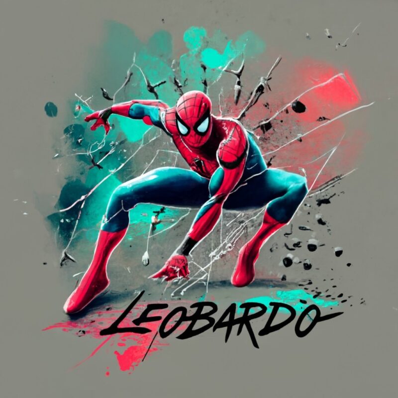 t-shirt design, Spiderman. watercolor splash, with name”LEOBARDO” PNG File