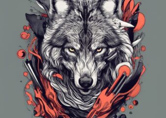 t-shirt design, angry wolf, in black and white PNG File