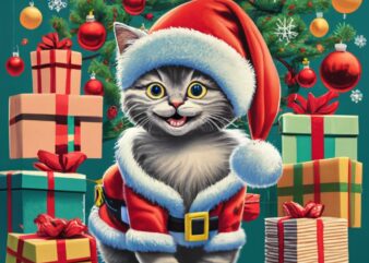 t-shirt design, realistic, adorable happy kitten dressed as santa, playing with christmas packages in front of a decorated christmas tree, t