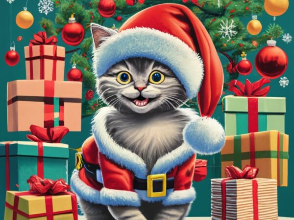 T-shirt design, realistic, adorable happy kitten dressed as santa, playing with christmas packages in front of a decorated christmas tree, t