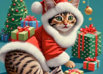 t-shirt design, realistic, adorable happy kitten dressed as santa, playing with christmas packages in front of christmas tree, text “Canela”