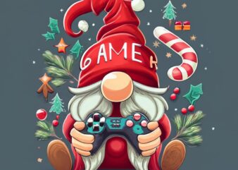 t-shirt design with a text spells: “THE GAMER GNOME” , gnome with red hat, with game controller, christmas elements PNG File
