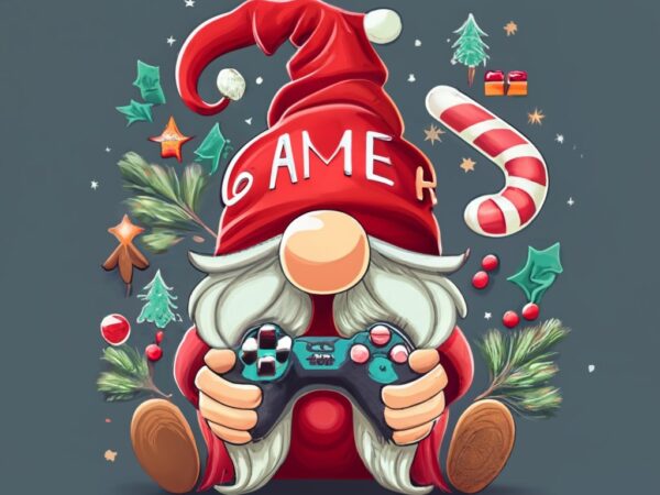 T-shirt design with a text spells: “the gamer gnome” , gnome with red hat, with game controller, christmas elements png file