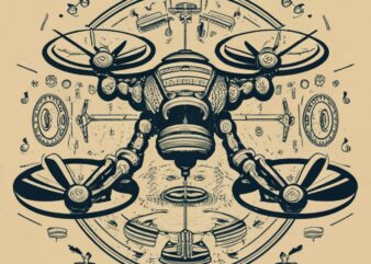 t-shirt circular design, an ancient stone sculpture of a drone, is an archaeological find, technical Schematics viewed from front and side v