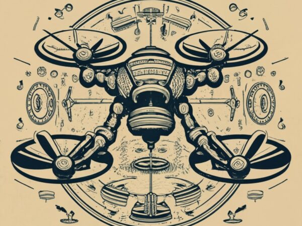 T-shirt circular design, an ancient stone sculpture of a drone, is an archaeological find, technical schematics viewed from front and side v