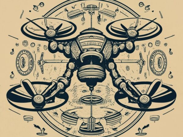 T-shirt circular design, an ancient stone sculpture of a drone, is an archaeological find, technical schematics viewed from front and side v