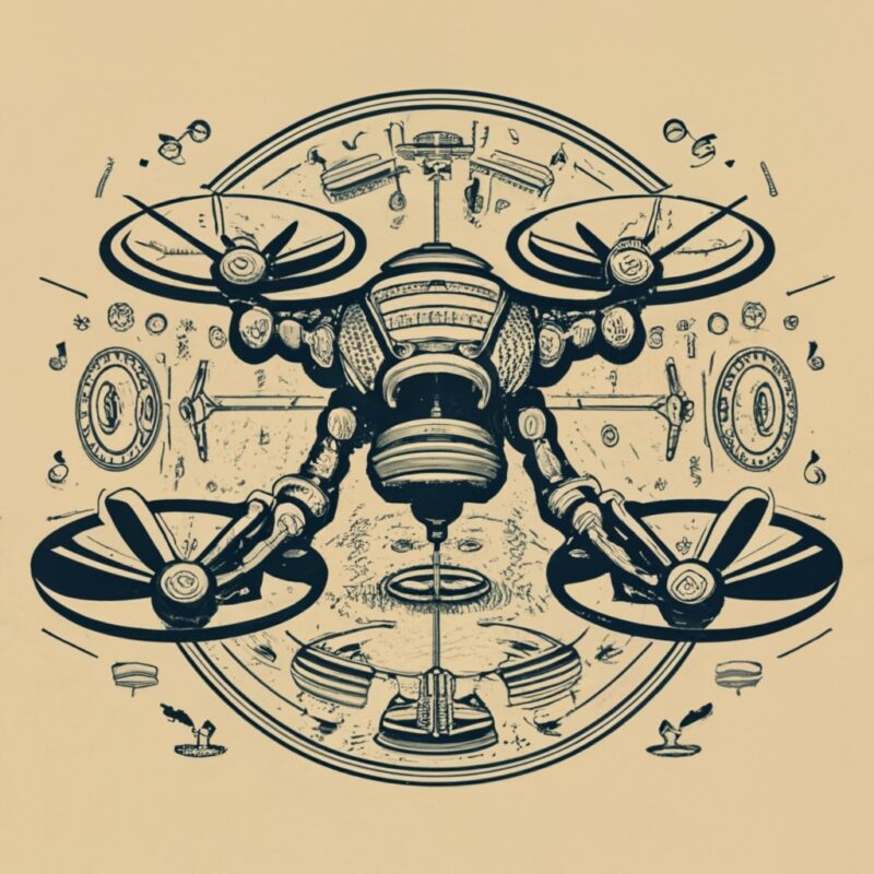 t-shirt circular design, an ancient stone sculpture of a drone, is an archaeological find, technical Schematics viewed from front and side v