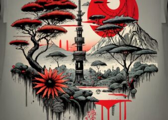 tee shirt Japanese ink painting,Dar es salaam Skytree, jamuted colors, mount kilimanjaro mountain, monk, red sun, a worrior with sword PNG F