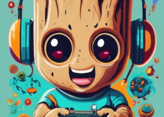 text “ALEX” in modern typography, Marvel Baby Groot gamer on a t-shirt design PNG File