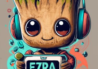 text “Ezra in modern typography, Marvel Baby Groot gamer on a t-shirt design with a white background PNG File