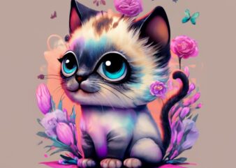 text “Smokey cat” under the kitten, a cute colorful baby Siamese cat, fantasy flower splashes, modern t-shirt design, Studio Ghibli style PN