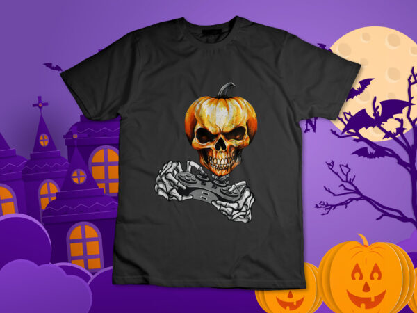 Halloween gamer skeleton pumpkin costume t-shirt design