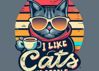 t-shirt design Vintage retro sunset distressed black style design, a cute cat wearing sunglasses and hoodie and drinking coffee, text at the