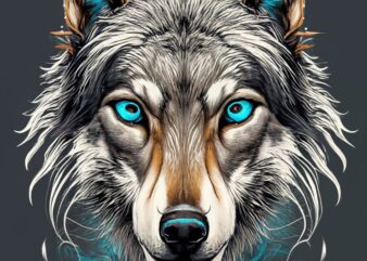 t-shirt design White wolf with bright blue eyes in black inkblot and smokey background PNG File