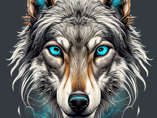T-shirt design white wolf with bright blue eyes in black inkblot and smokey background png file