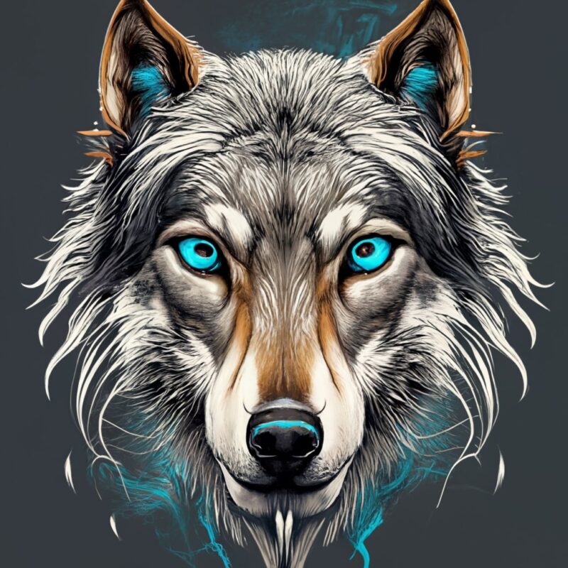 t-shirt design White wolf with bright blue eyes in black inkblot and smokey background PNG File