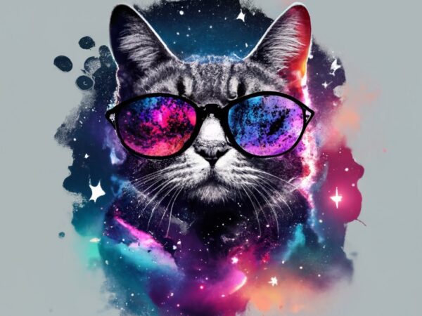 T-shirt design, double exposure cat and galaxy with with words “cosmic kitty” stencil art png file
