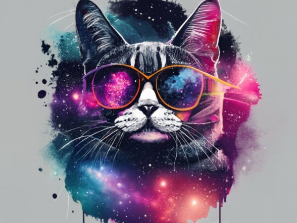 T-shirt design, double exposure cat and galaxy with with words “cosmic kitty” stencil art, dark fantasy, fashion, typography png file