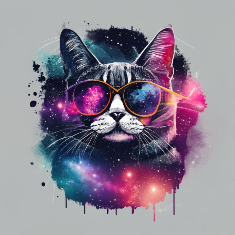 t-shirt design, double exposure cat and galaxy with with words “Cosmic Kitty” stencil art, dark fantasy, fashion, typography PNG File