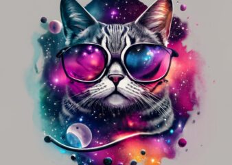 t-shirt design, double exposure cat and galaxy with with words “Cosmic Kitty” stencil art PNG File