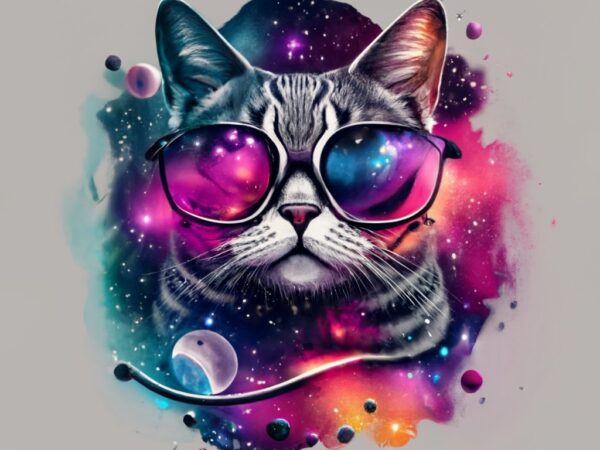 T-shirt design, double exposure cat and galaxy with with words “cosmic kitty” stencil art png file