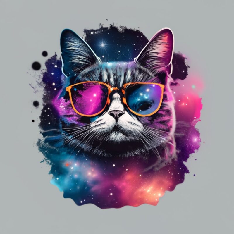 double exposure cat and galaxy with with words “Cosmic Kitty” stencil art PNG File