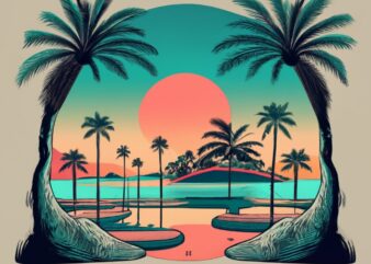 t-shirt design, huacachina lagoon, sun, palm trees PNG File
