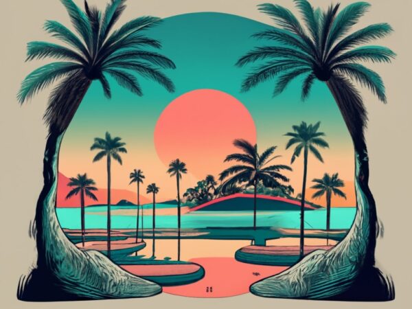 T-shirt design, huacachina lagoon, sun, palm trees png file