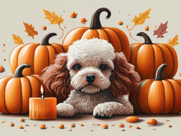 Vector t-shirt design, minimalist, vanishing point on white paper, hard edges, color drawing, of a cute poodle surrounded by pumpkins that h