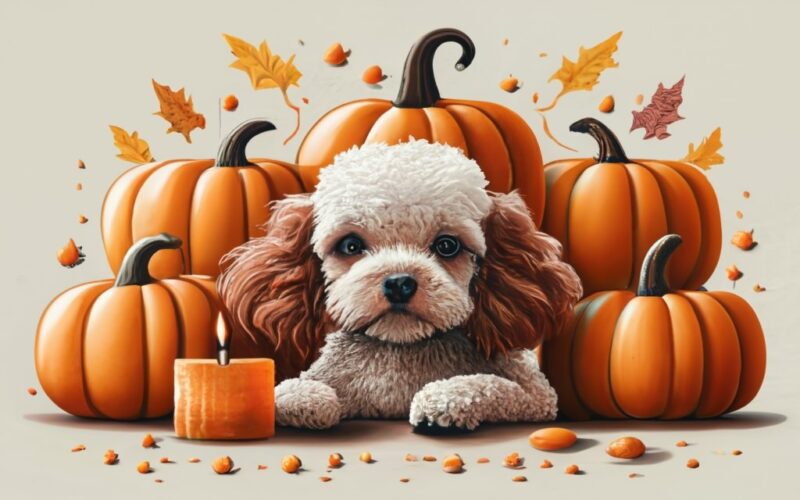vector t-shirt design, minimalist, vanishing point on white paper, hard edges, color drawing, of a cute poodle surrounded by pumpkins that h