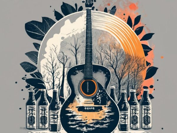 T-shirt design, a giant guitar with the sun in the middle with black beer bottles behind and beside it png file