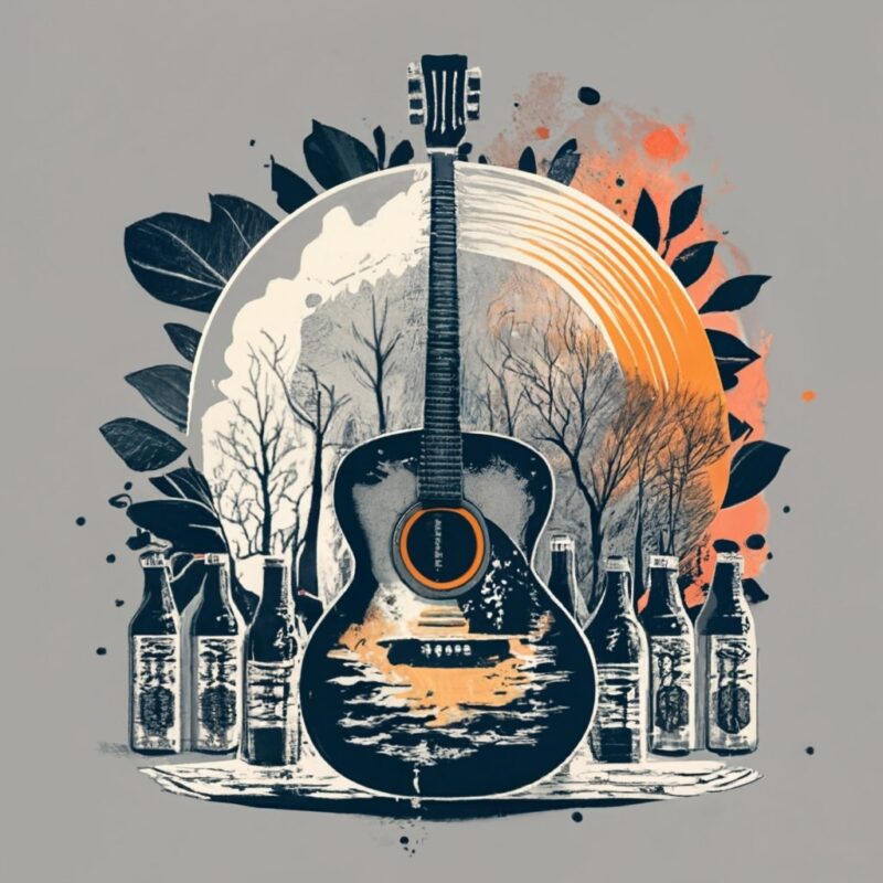 t-shirt design, A giant guitar with the sun in the middle with black beer bottles behind and beside it PNG File