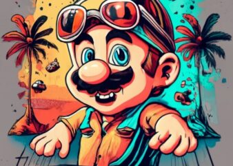 t-shirt design, Super Mario djing a cdj pioneer 3000 in a party , sunset beach, watercolor splash PNG File