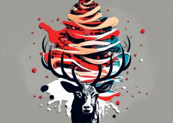 t-shirt design, a reindeer, Christmas tree, watercolor splash PNG File