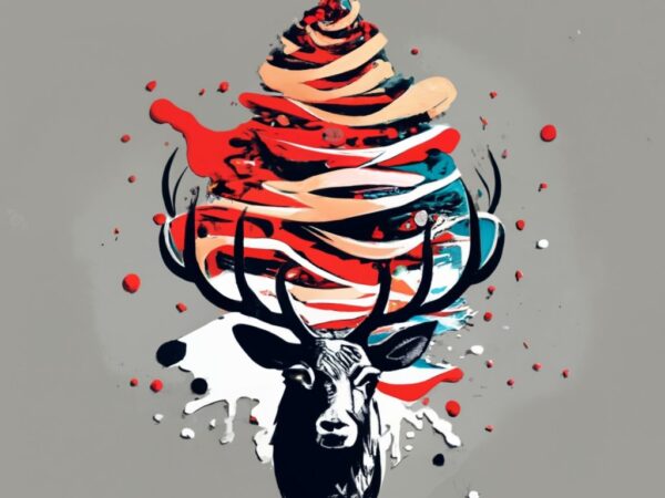 T-shirt design, a reindeer, christmas tree, watercolor splash png file