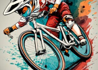 t-shirt design, bmx race bike. 10 year old boy wearing long sleeve jersey with red shorts full face helmet and knee pads watercolor splash P