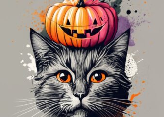 t-shirt design, disney black cat with a pumpkin, watercolor splash PNG File