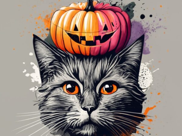 T-shirt design, disney black cat with a pumpkin, watercolor splash png file